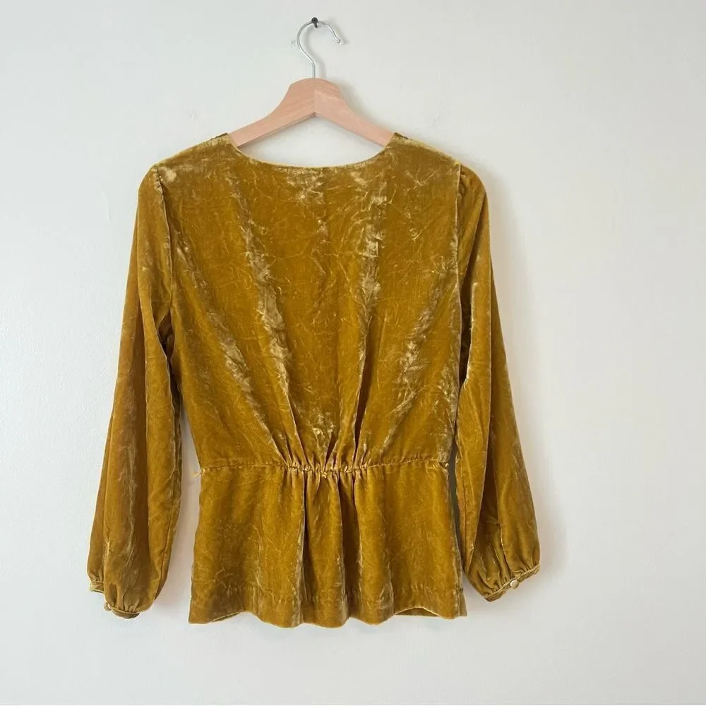 J. Crew Faux Wrap Velvet Long Sleeve Blouse Size 2 in Mustard Yellow